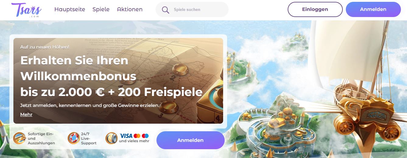 Besuchen Sie Tsars Hauptseite und fordern Willkommensbonus an