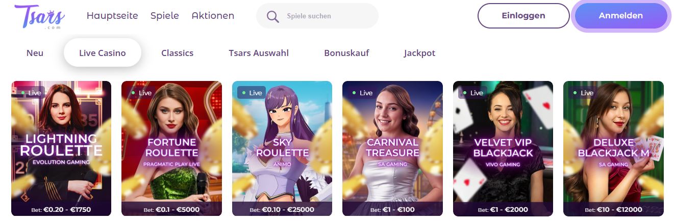 Erleben Sie Live Casino Spiele mit echten Dealern bei Tsars 