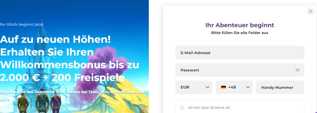 Registrieren Sie neues Tsars Casino Konto mit Bonusangebot